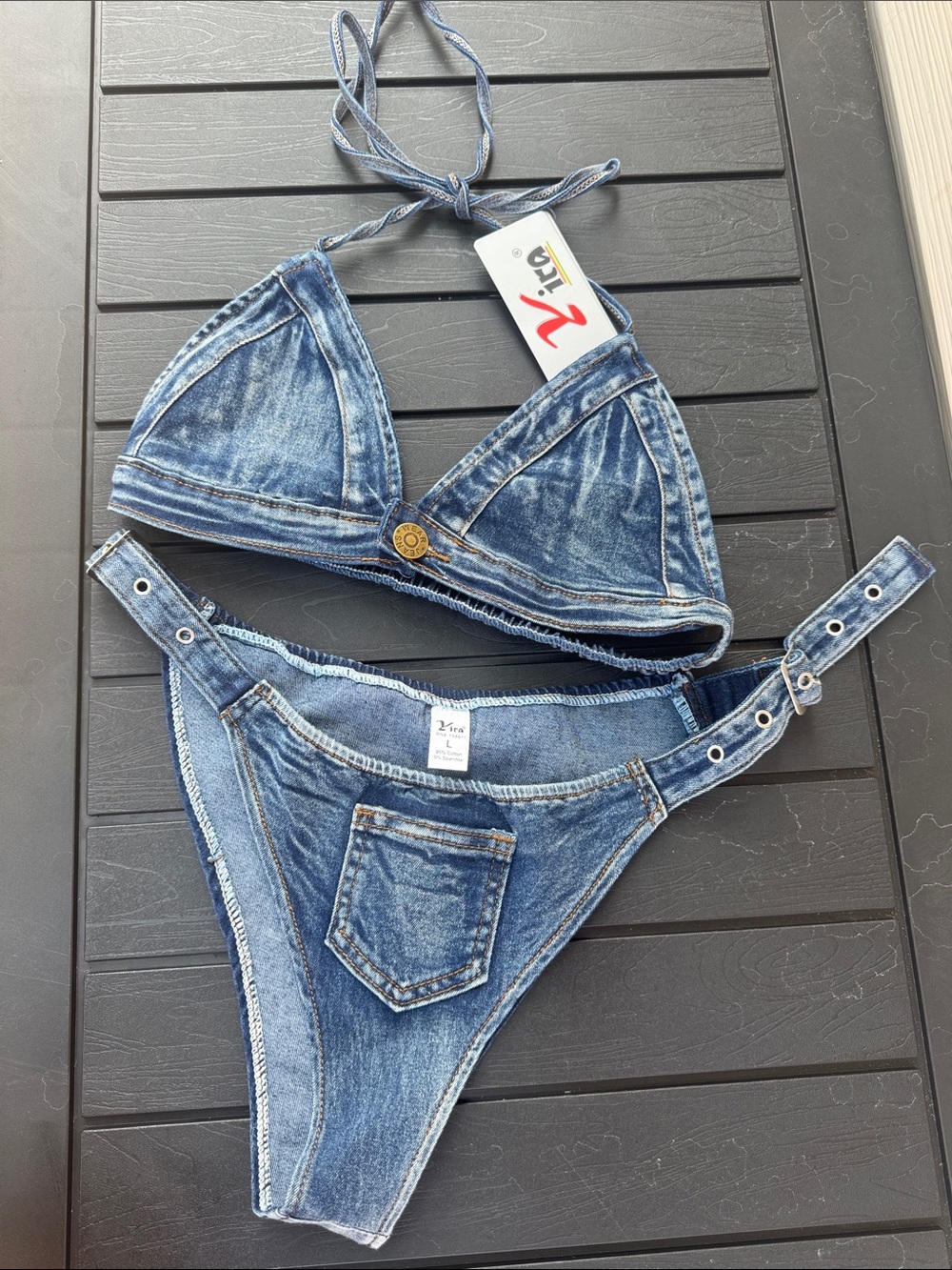 Denim-Style Blue Triangle Bikini Set - Women Swim